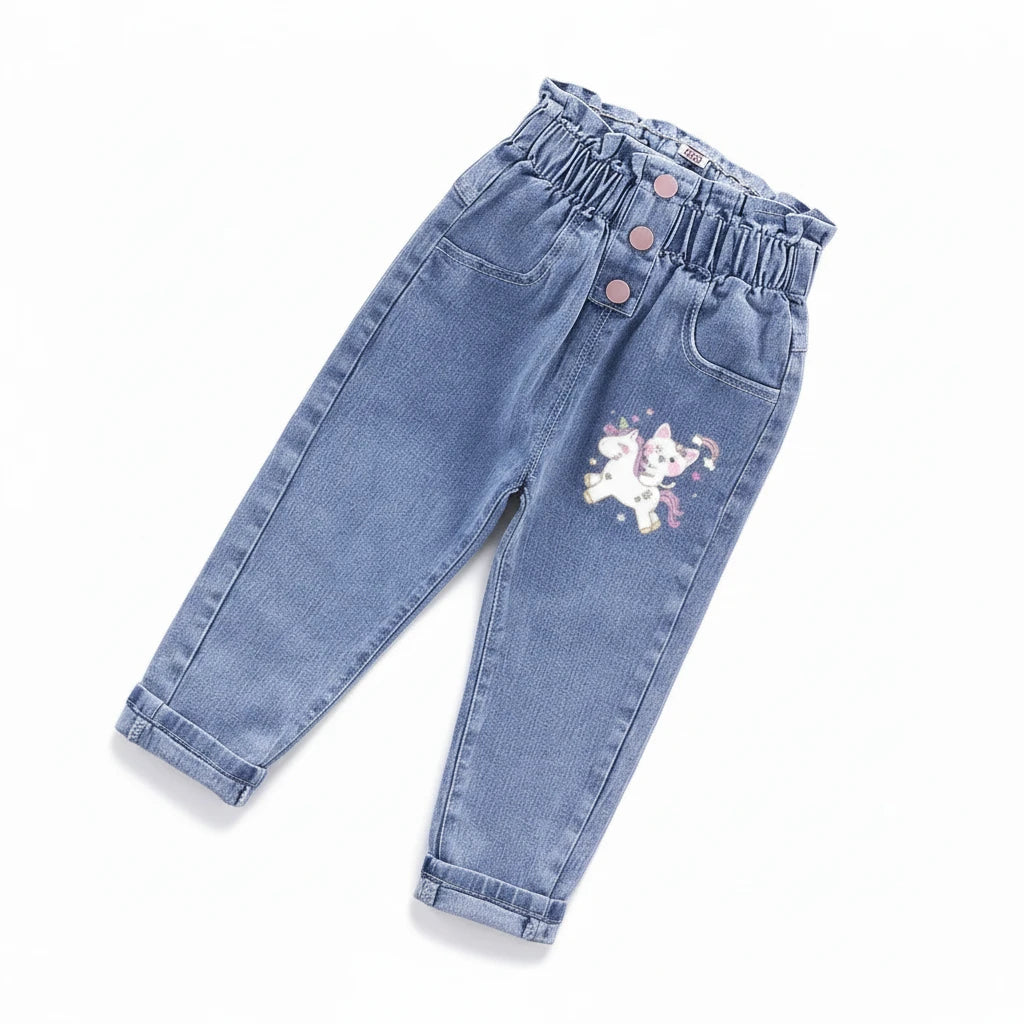 Girls' Cat Print High Waist Jeans - Elastic Waist Denim Pants Ages 1-6