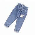Girls' Cat Print High Waist Jeans - Elastic Waist Denim Pants Ages 1-6
