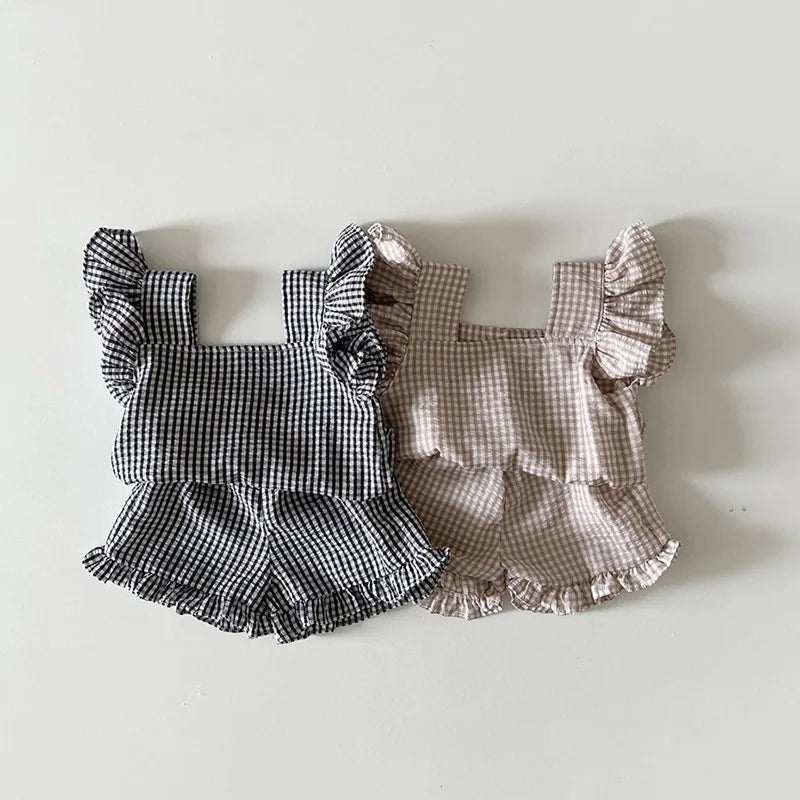 Summer Baby Lattice Clothing Set ,Tee and Shorts 2Pcs Girls Outwear Suits
