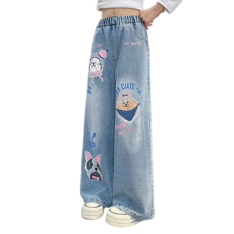 Girls' Cartoon Print Wide Leg Jeans - Fashion Denim Pants Ages 4-14