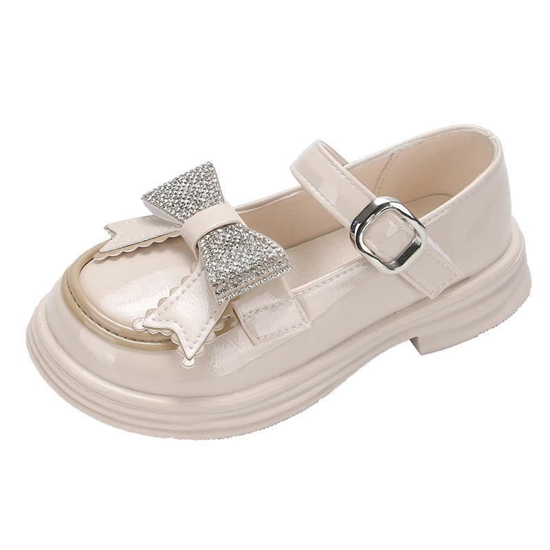 Girls Princess Mary Janes with Rhinestones & Bow - Leather Party Shoes