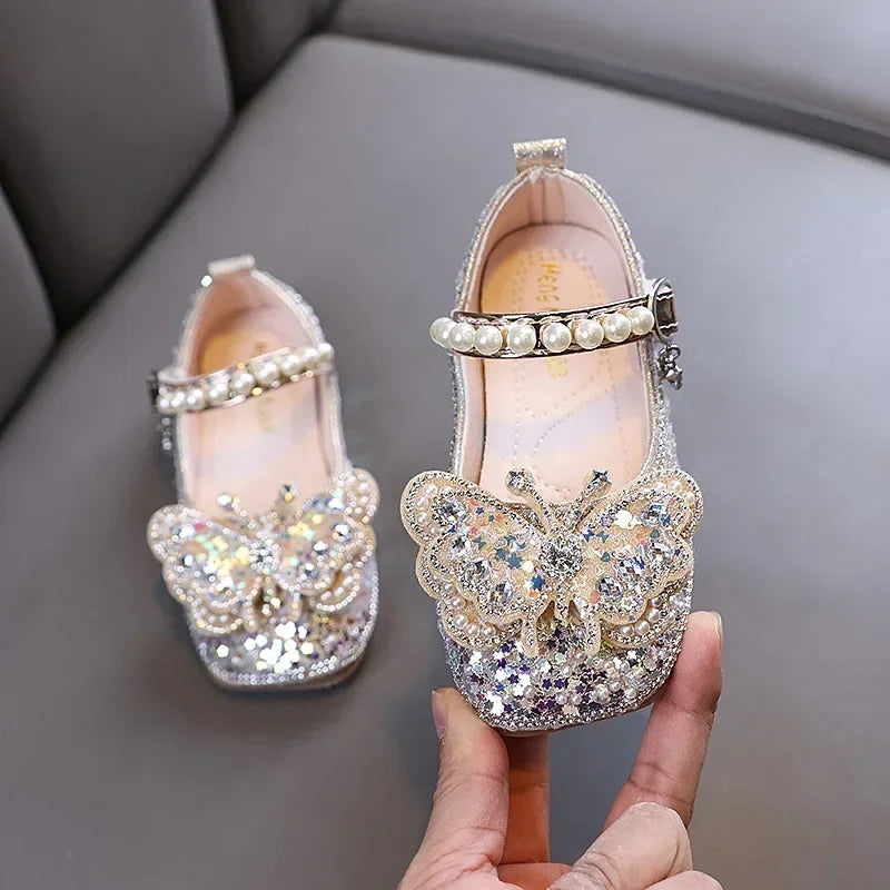 New Girls Princess Shoes Fashion Children's Bow Rhinestone Sequin Kids Shoes Baby Party Student Flat Performance Shoes H19