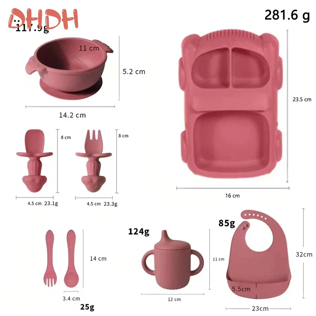 Silicone Baby Feeding Set Tableware Baby Food Dish Fork Spoon Suction Bowl Divided Plate Bib Cup Baby Led Weaning Supplies