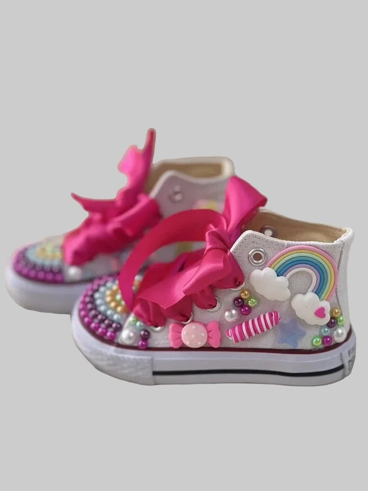 Girls' Rainbow Candy Bling Sneakers - Handmade Pearl Party Shoes
