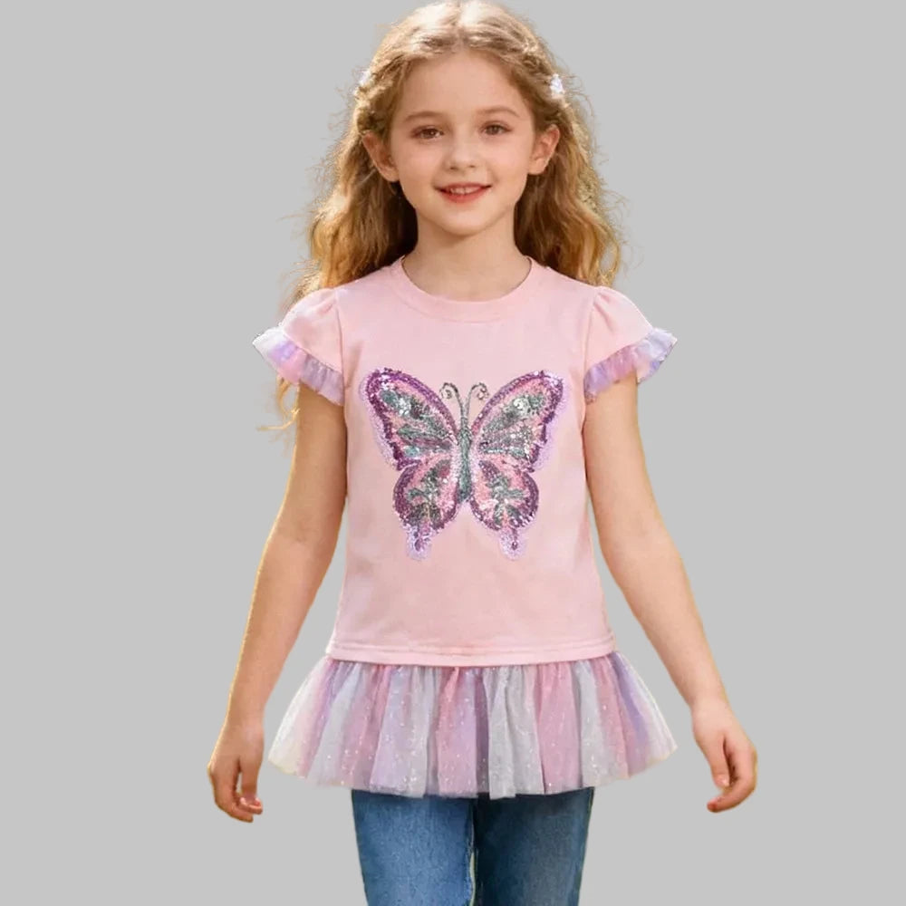 Girls Pink Flare Sleeve T Shirt Kids Sequined Colorful Butterfly Appliqued Ruffle Tees Kids Parties Casual Outings Cotton Tops