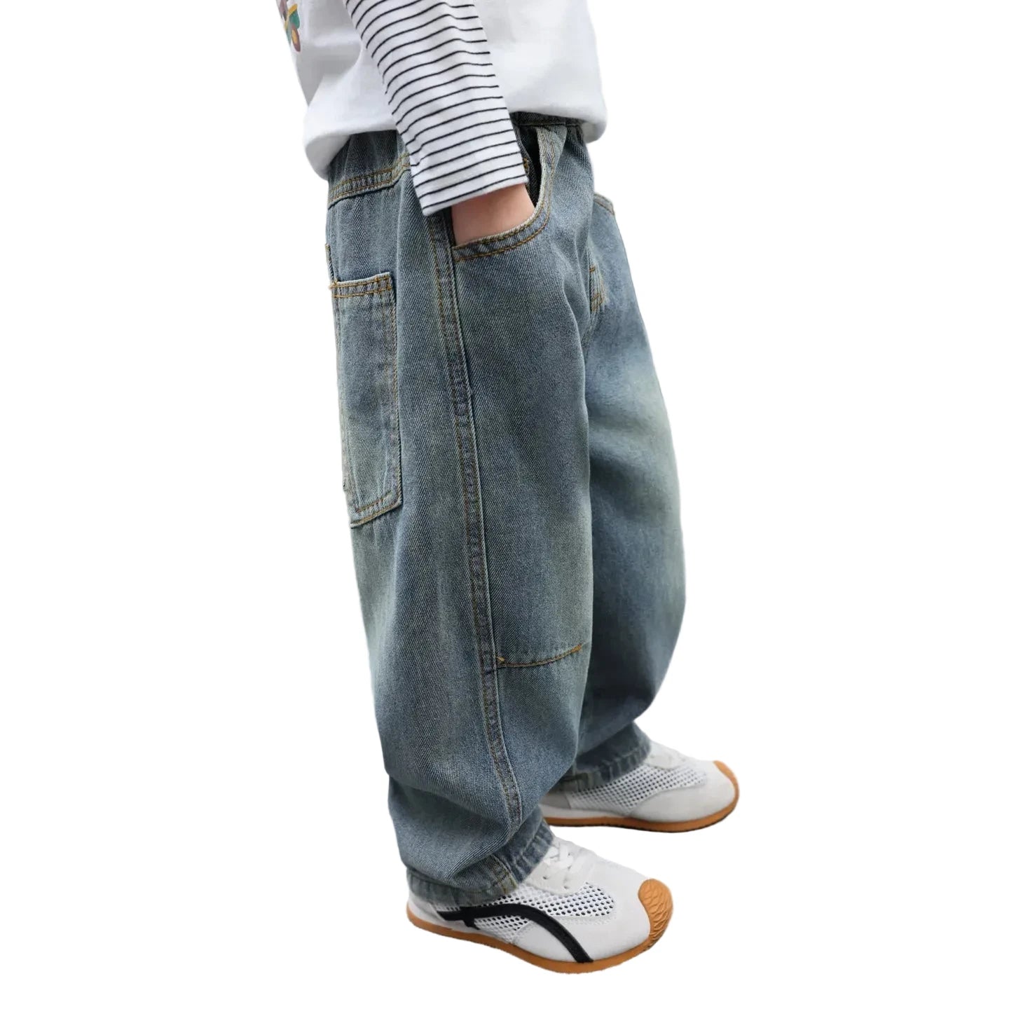 Boys' Vintage Washed Jeans - Elastic Waist Retro Denim Ages 7-13
