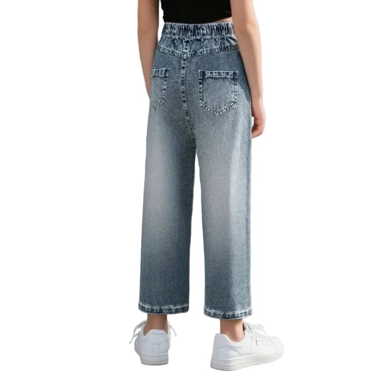 Girls' Wide Leg Butterfly Print Jeans - Elastic Waist Casual Pants