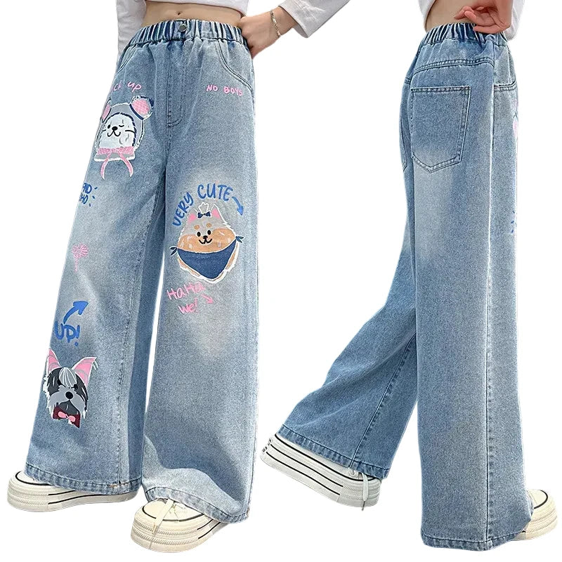 Girls' Cartoon Print Wide Leg Jeans - Fashion Denim Pants Ages 4-14