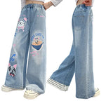 Girls' Cartoon Print Wide Leg Jeans - Fashion Denim Pants Ages 4-14