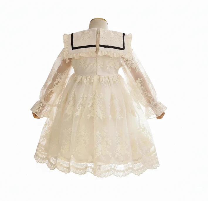 Girls' Sailor Collar Princess Dress - Chiffon Bow Party Dress Ages 4-6