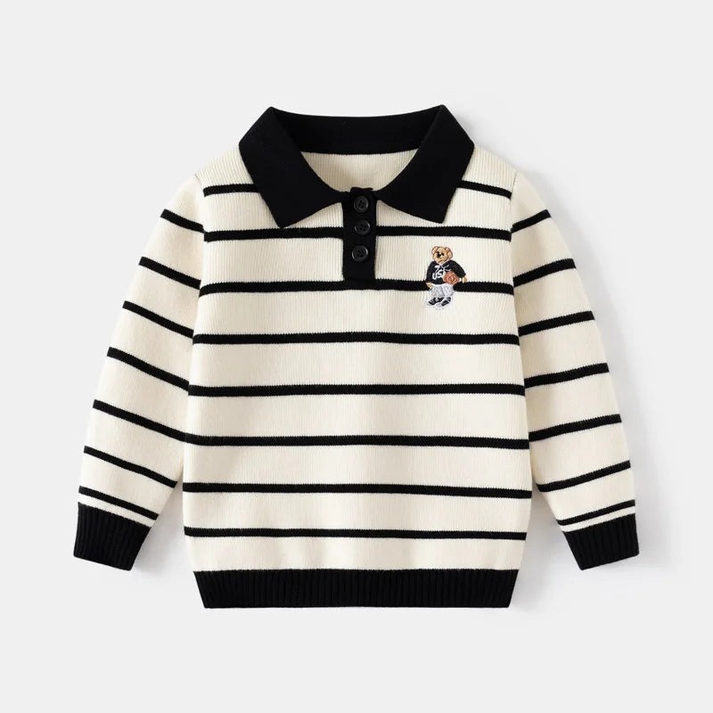 Striped Embroidery Bear Sweater Button Pullover - Kidnor