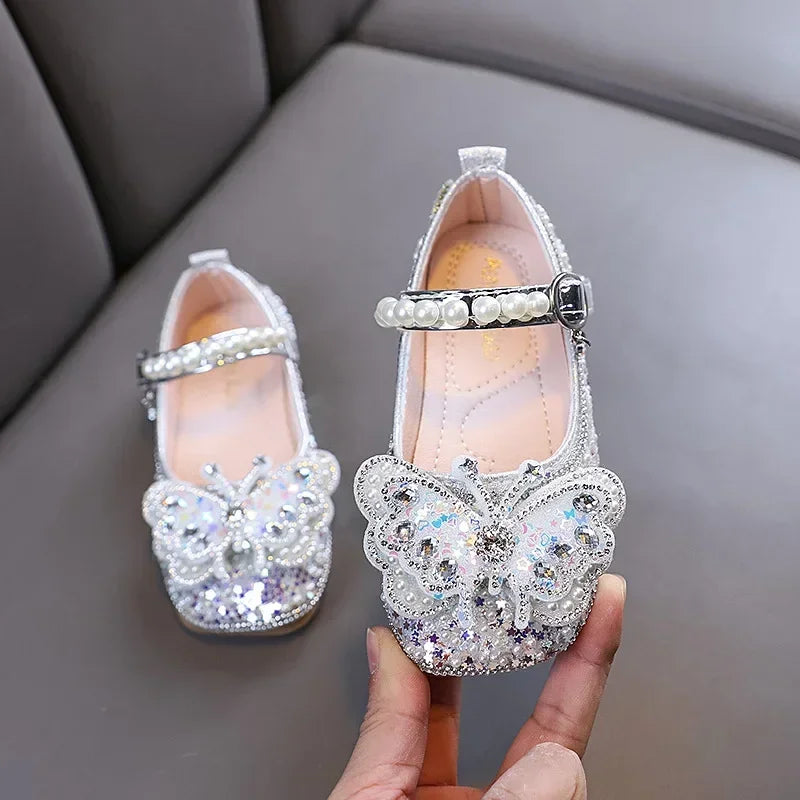 New Girls Princess Shoes Fashion Children's Bow Rhinestone Sequin Kids Shoes Baby Party Student Flat Performance Shoes H19
