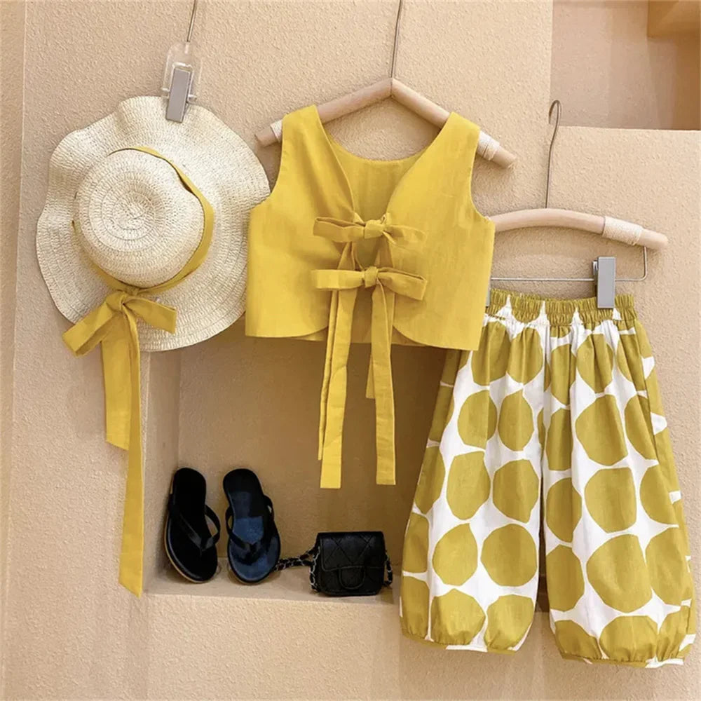 Bear Leader Girls Clothing Sets 2025 Summer Kids Clothes Floral Chiffon Halter+Embroidered Shorts Straw Children Clothing