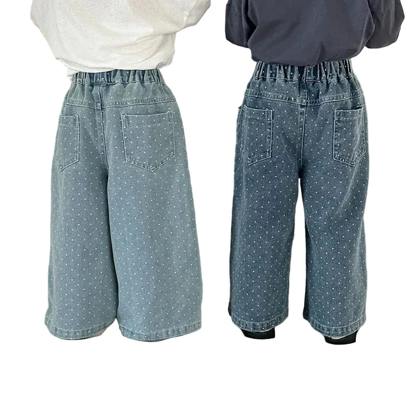 Kids Polka Dot Wide Leg Jeans - Loose Straight Pants