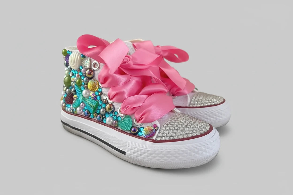 Girls' Rainbow Candy Bling Sneakers - Handmade Pearl Party Shoes