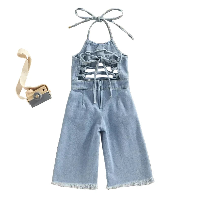 Girls Blue Denim Jumpsuit - Halter Neck Sleeveless Playsuit (1-6Y)