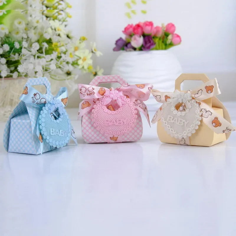 50Pcs Baby Celebration Candy Box DIY Baby Shower Party Gift Box Beautifully With Bib Tag And Ribbon Gift Packaging Box