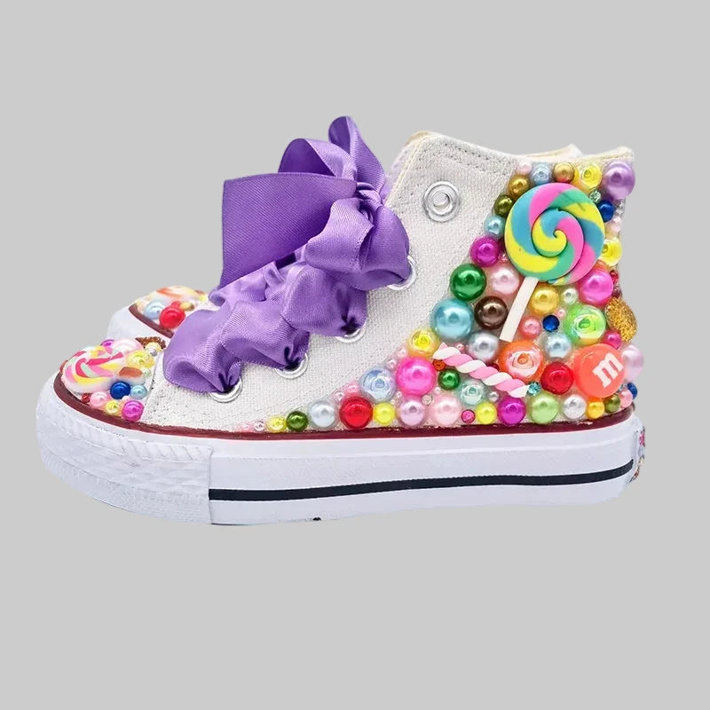 Girls' Rainbow Candy Bling Sneakers - Handmade Pearl Party Shoes
