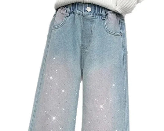 Girls Gradient Wide Leg Jeans - Distressed Loose Fit Denim (4-14Y)