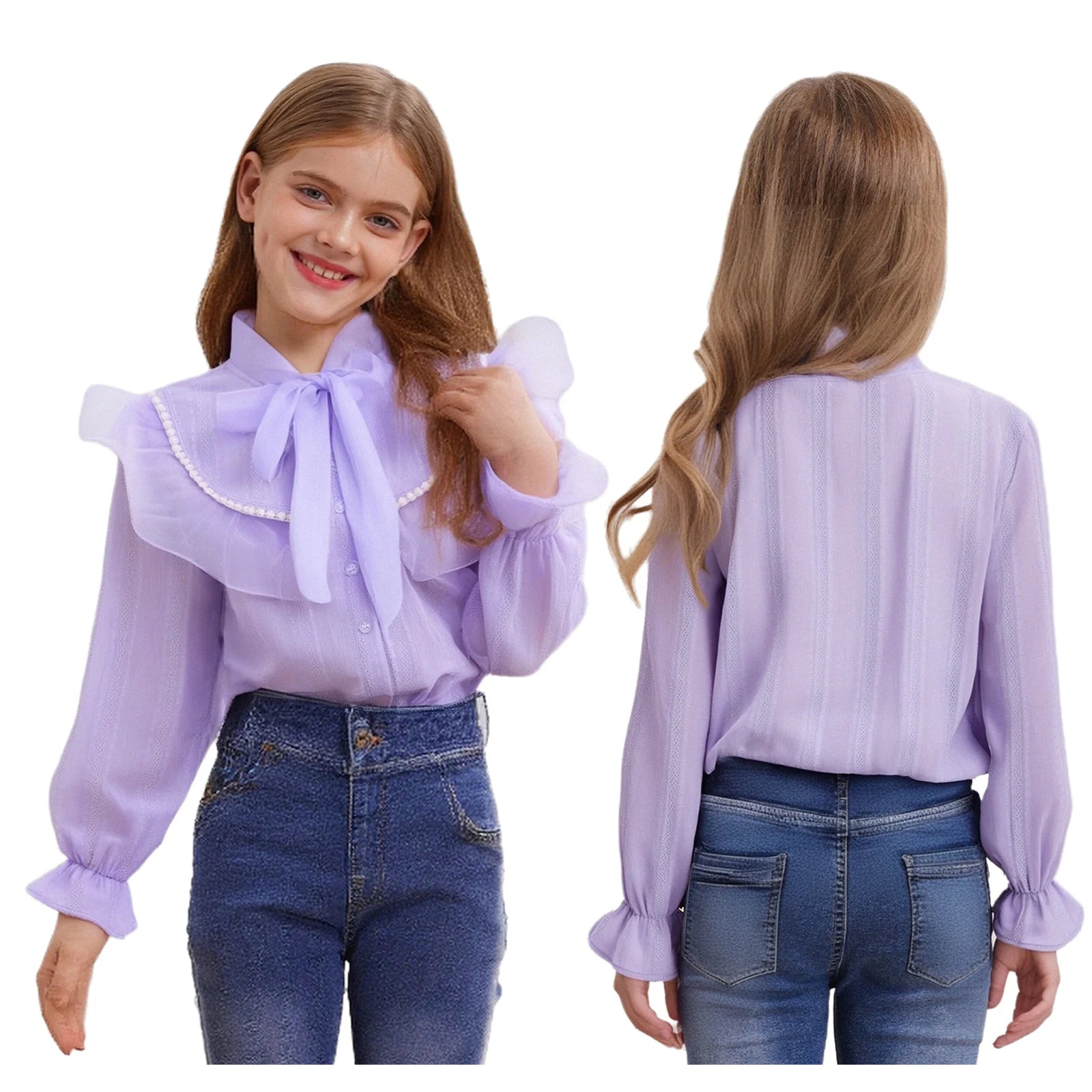 Girls' Korean Style Ruffle Collar Shirt - White Long Sleeve Top