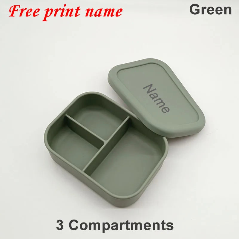 Personalized Name Lunch Box 3 Compartment Silicone Bento Box Portable Leak Proof Microwave Oven Lunch Box Picnic Food Container