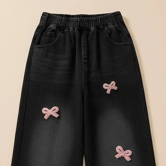 girls jeans casual wide-leg pants with pink bow 🎀 - Kidnor