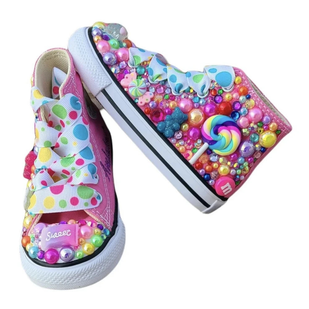 Girls' Rainbow Candy Bling Sneakers - Handmade Pearl Party Shoes