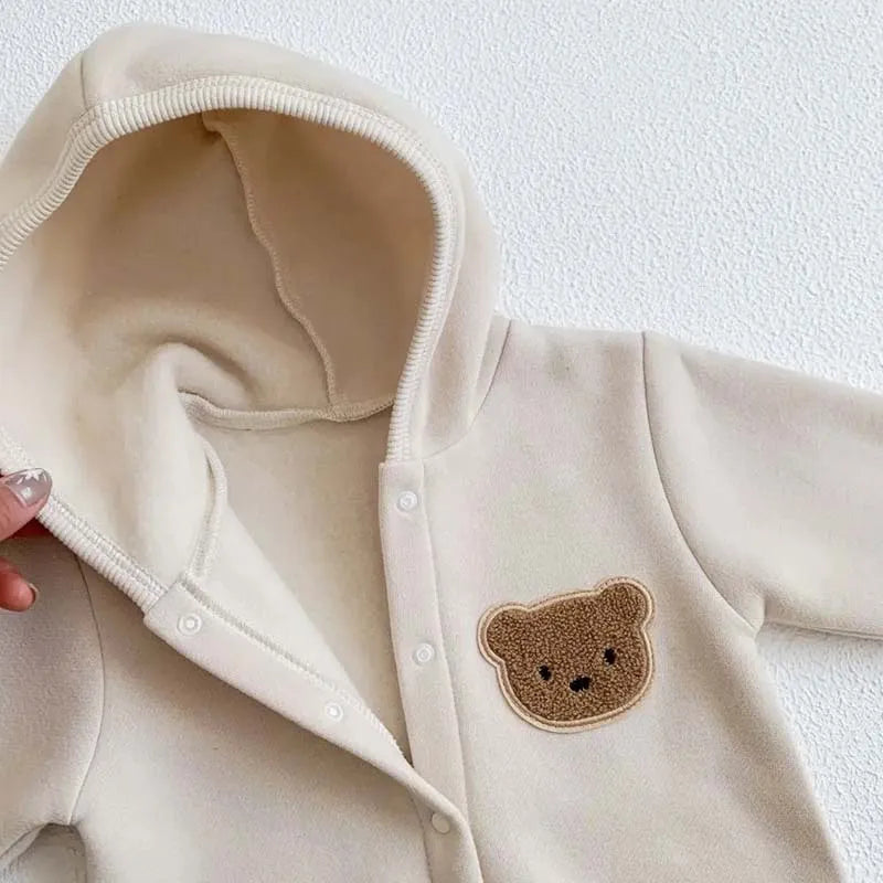Baby Bear Hooded Romper - Warm Cotton Winter Bodysuit Ages 0-24M