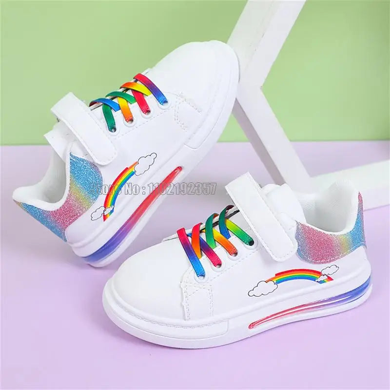 Girls' Rainbow Air Cushion Sneakers - PU Leather Casual Shoes Ages 2-12