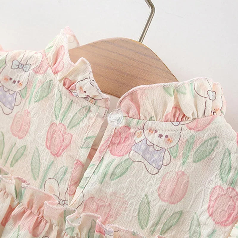 Tulip Rabbit Print Dress with Bow - Kidnor
