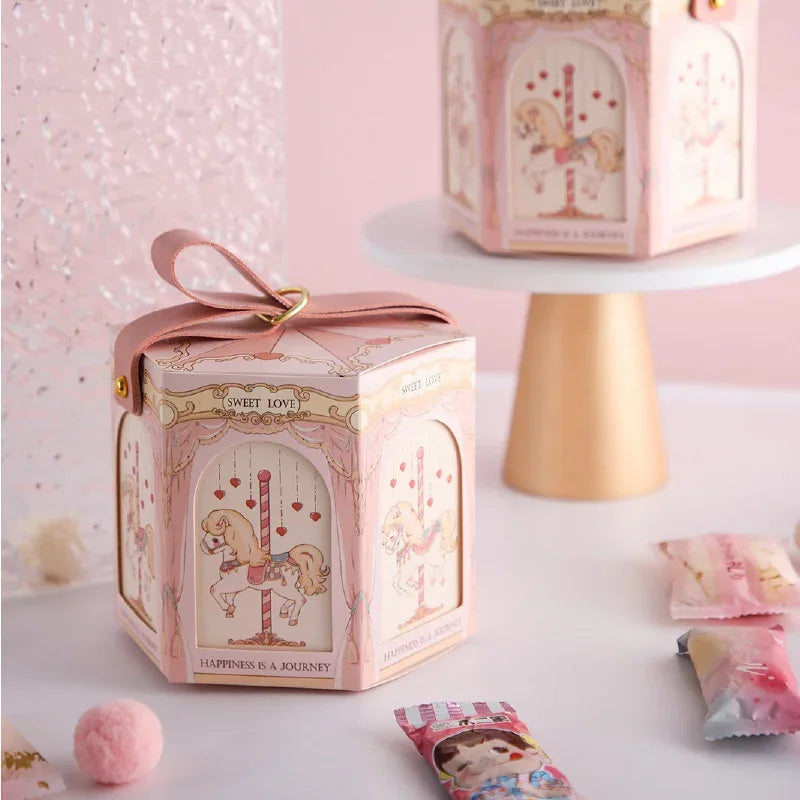 10pcs Gift Box Packaging Baby Shower Kids Birthday Favors Snack Food Candy Cookies Boxes Blue Pink Carousel Bride Party Supplies