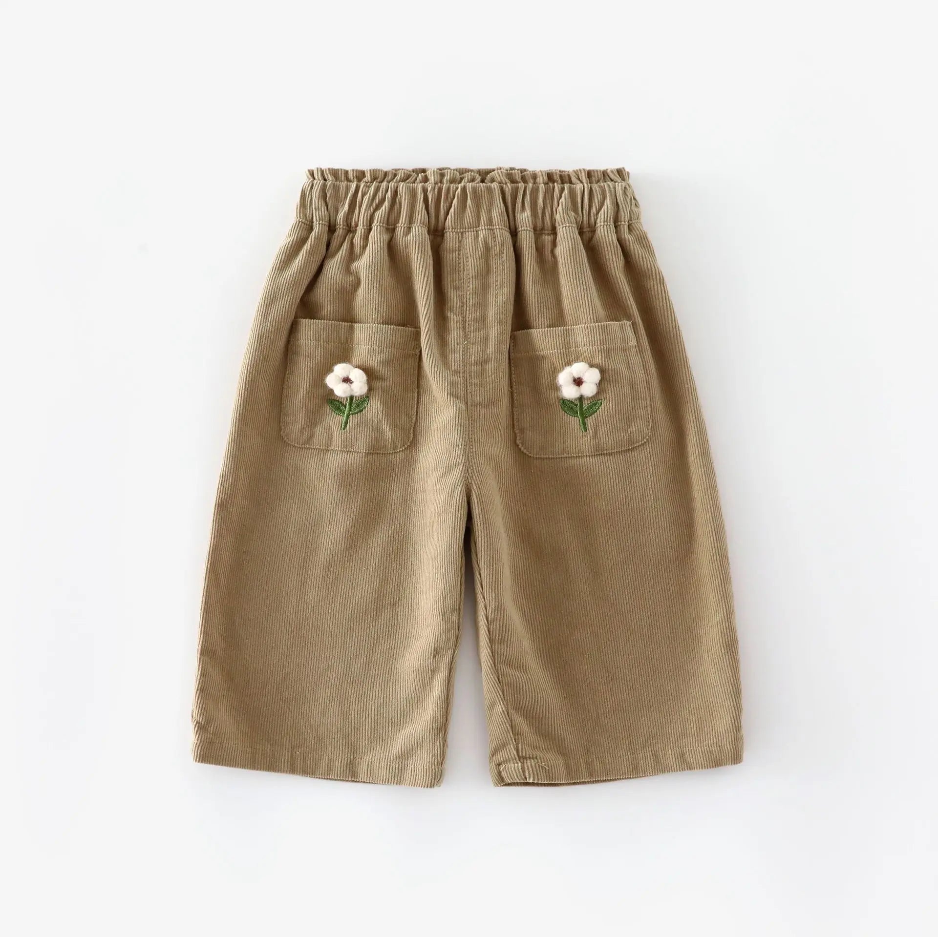 Corduroy Flower Embroidery Pants - Kidnor