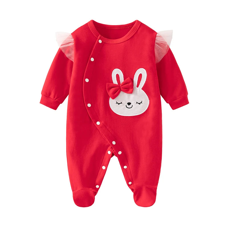 Newborn baby girl spring & fall jumpsuit with long sleeves pure cotton cute yellow cartoon embroidered rabbit