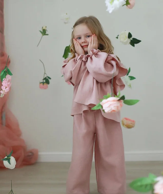 Girls Linen Ruffle Blouse & Pants Set - 2-Piece Spring Autumn Outfit