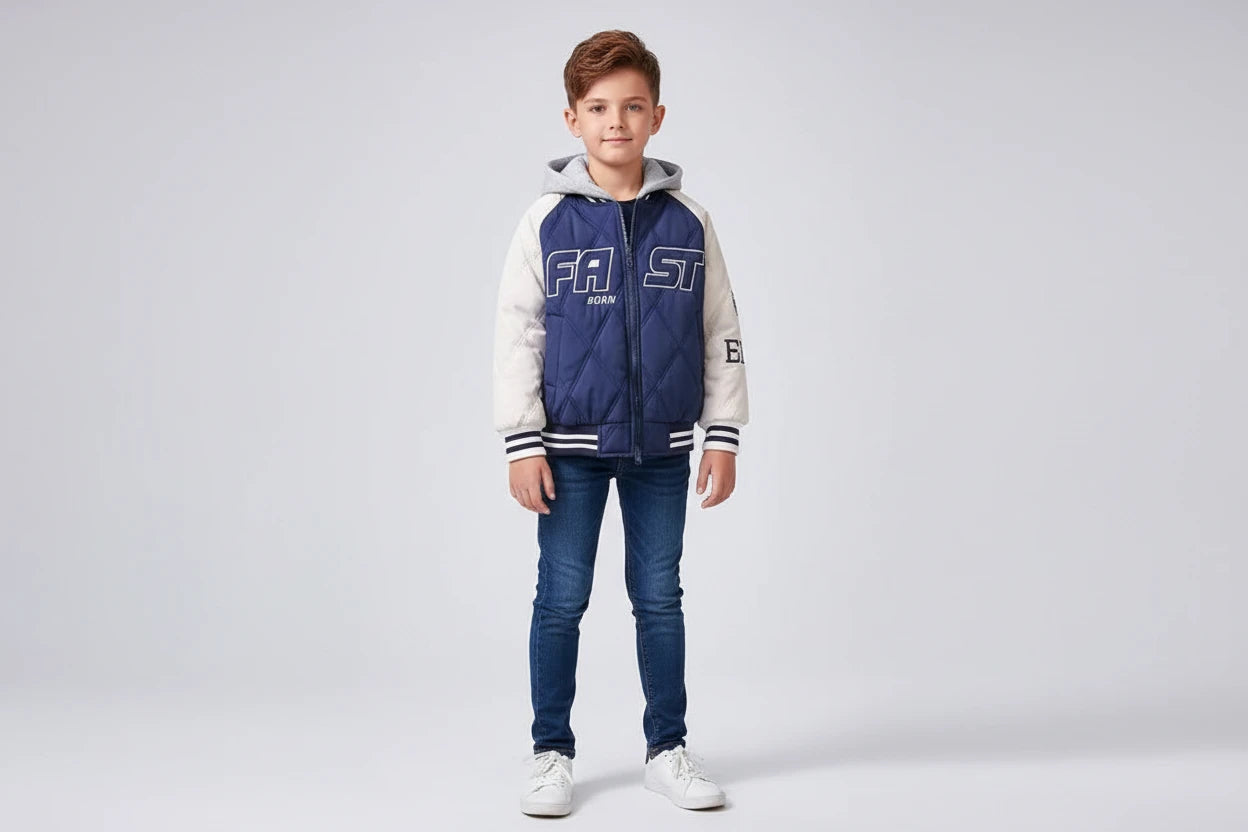 Boys' Hooded Baseball Jacket - Thick Cotton Winter Coat with Letter Print