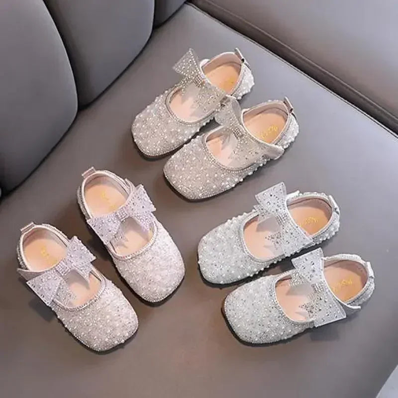 New Girls Princess Shoes Fashion Children's Bow Rhinestone Sequin Kids Shoes Baby Party Student Flat Performance Shoes H19