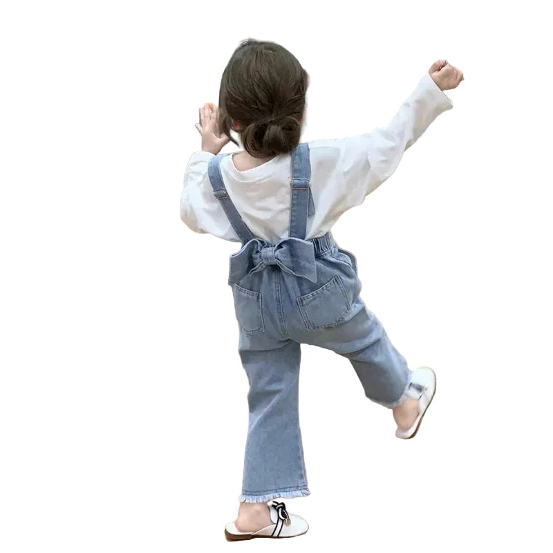 Girls Denim Overalls & White T-Shirt Set - 2-Piece Spring Autumn Outfit
