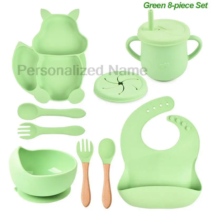 Personalized Name Silicone Tableware Set For Kids 8Pcs Baby Solid Feeding Set Squirrel Plate Dishes Sucker Bowl Bib Newborn Gift