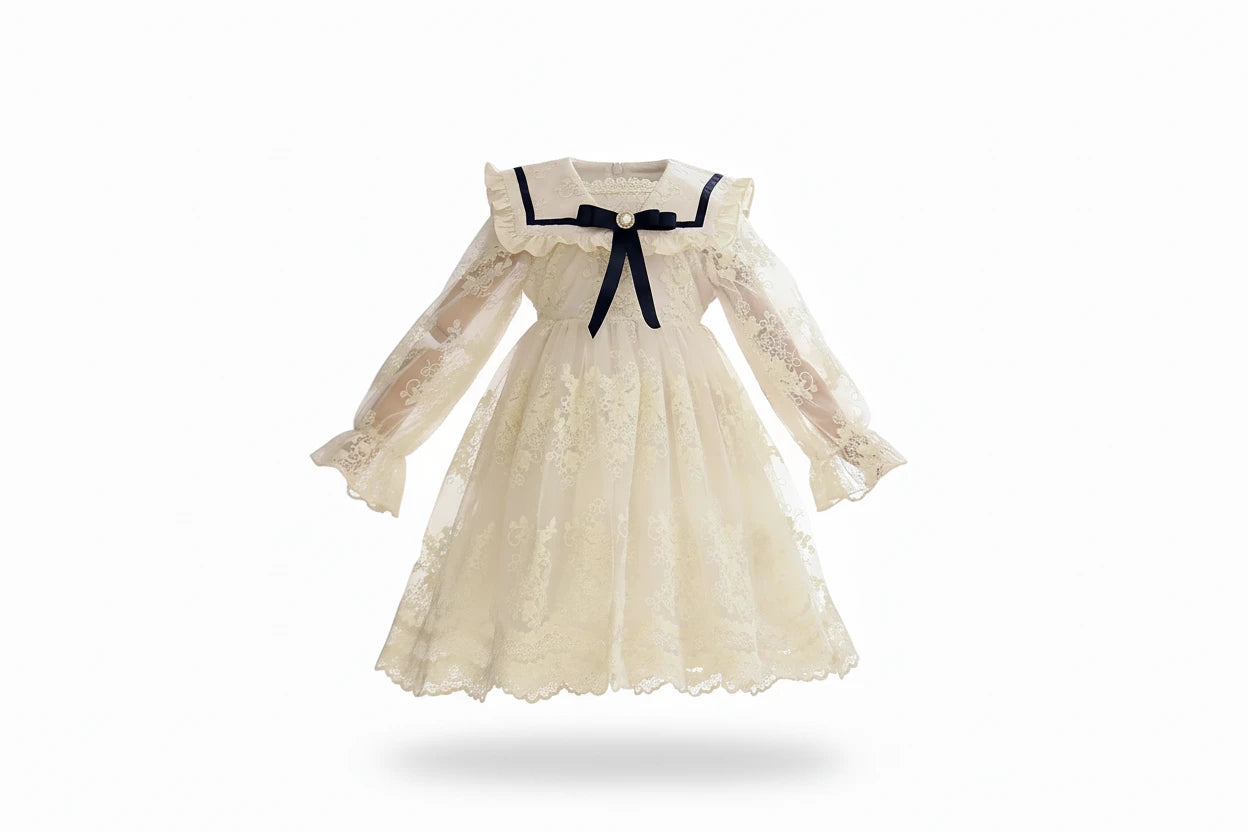Girls' Sailor Collar Princess Dress - Chiffon Bow Party Dress Ages 4-6