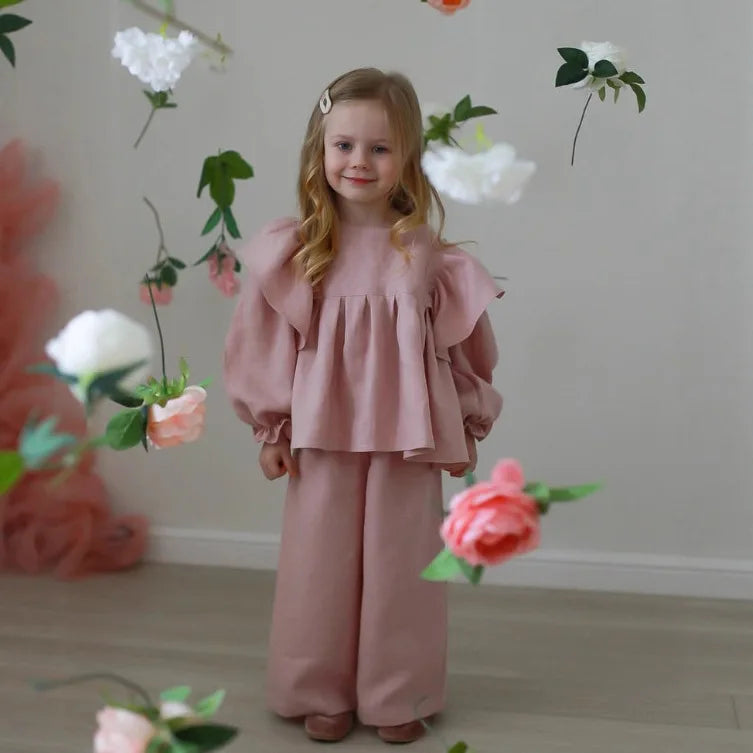 Girls Linen Ruffle Blouse & Pants Set - 2-Piece Spring Autumn Outfit