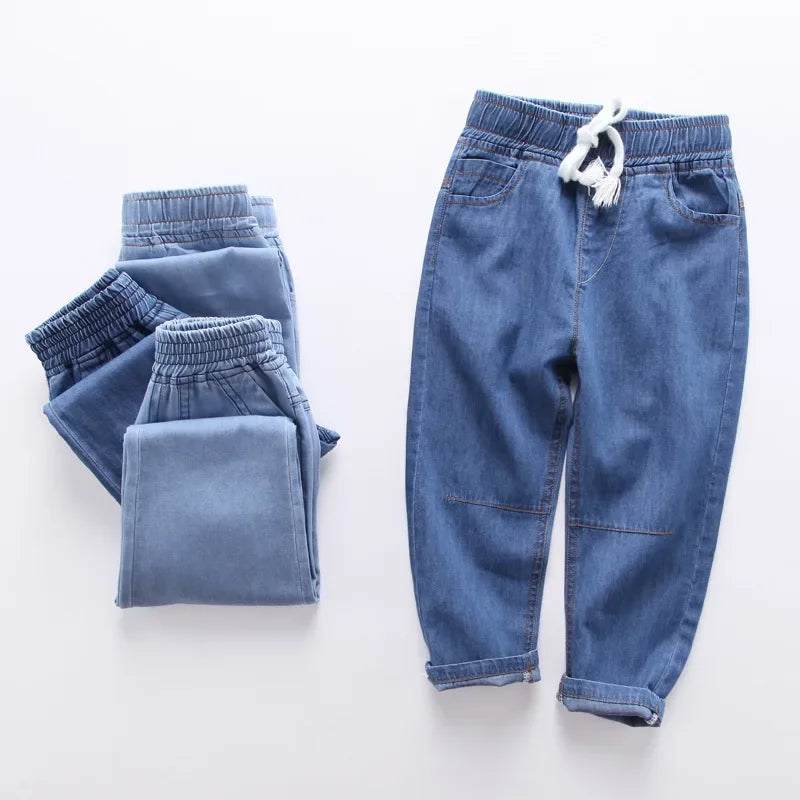 Kids Cotton Jeans - Elastic Waist Loose Fit Casual Pants for Boys & Girls