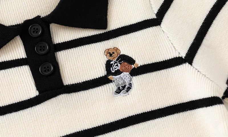 Striped Embroidery Bear Sweater Button Pullover - Kidnor