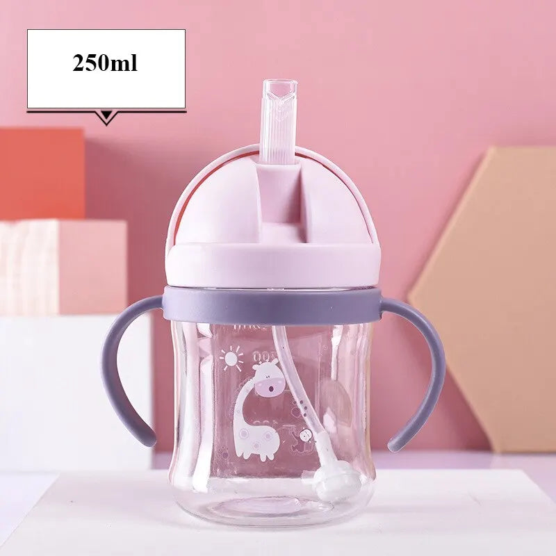 250ml Baby Drinking Cup & Feeding Bottle with Pink Straw Gravity Ball Wide Caliber Handle for Milk & Water