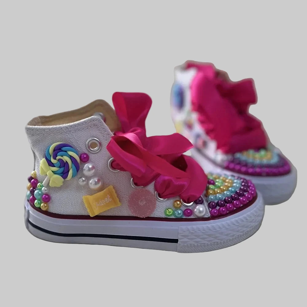 Girls' Rainbow Candy Bling Sneakers - Handmade Pearl Party Shoes
