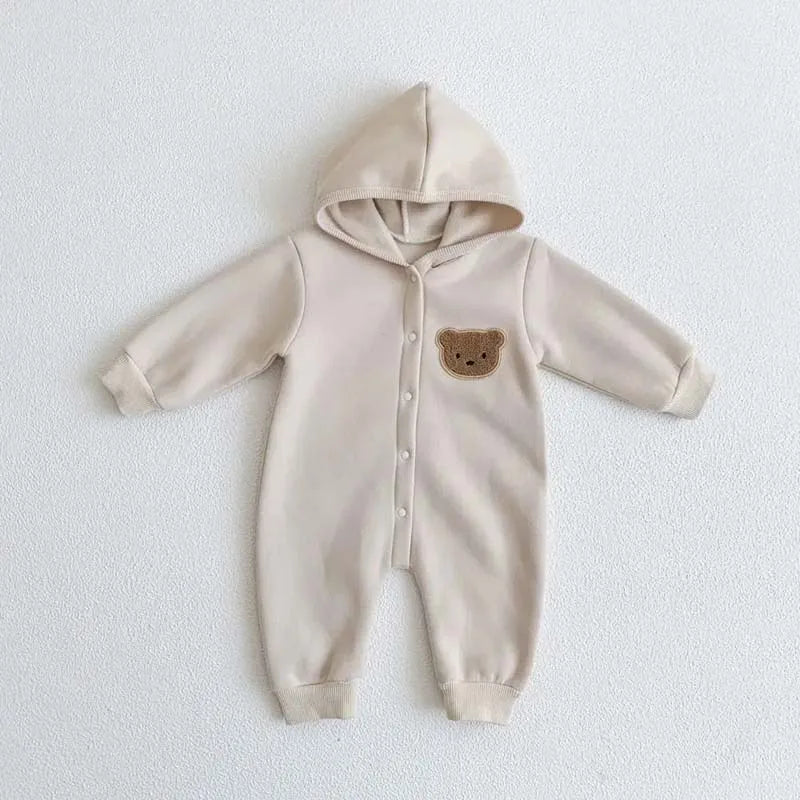 Baby Bear Hooded Romper - Warm Cotton Winter Bodysuit Ages 0-24M
