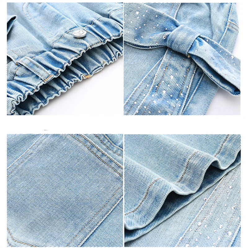 Girls Straight Leg Jeans with Bow & Rhinestones - Streetwear Denim Pants