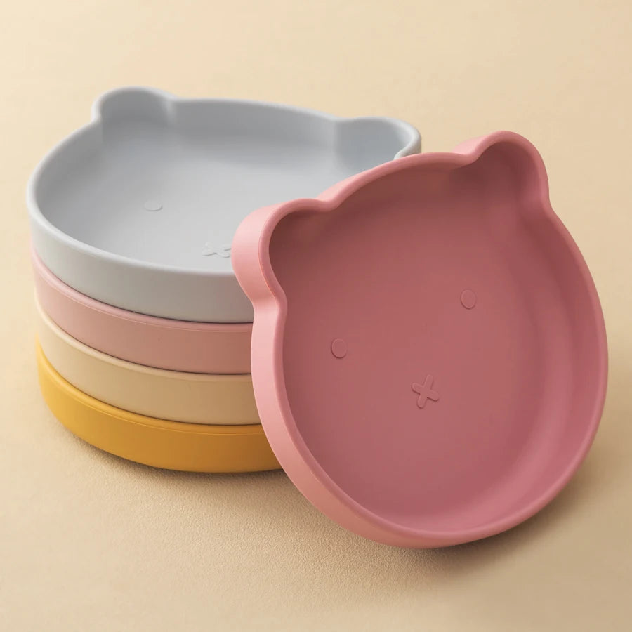 Mamaplan BPA Free Baby Silicone Dining Plate Suction Cartoon Bear Dishes Plate Toddler Feeding Sucker Bowl Training Tableware
