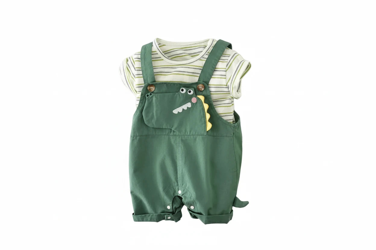 Baby Dinosaur Overalls & Striped T-Shirt Set - 2-Piece Summer Outfit