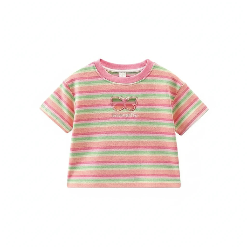 Girls Striped Cotton Short Sleeve Tee - Kidnor