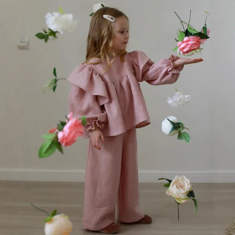 Girls Linen Ruffle Blouse & Pants Set - 2-Piece Spring Autumn Outfit